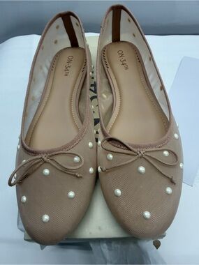 ON 34th Beige Pearl-Embellished Ballet Flats for Women